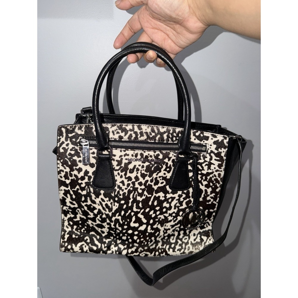 Michael Kors Sophie Large Satchel Bag Black Leather with Calf Hair Black White 1
